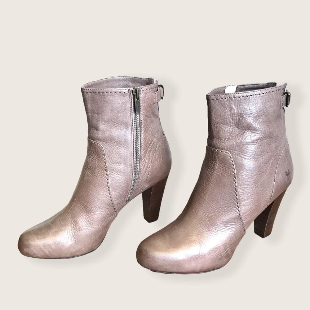 Frye Marissa Zip Short Grey/Taupe Leather Almond Toe Wood Heeled Ankle Booties - Picture 9 of 15